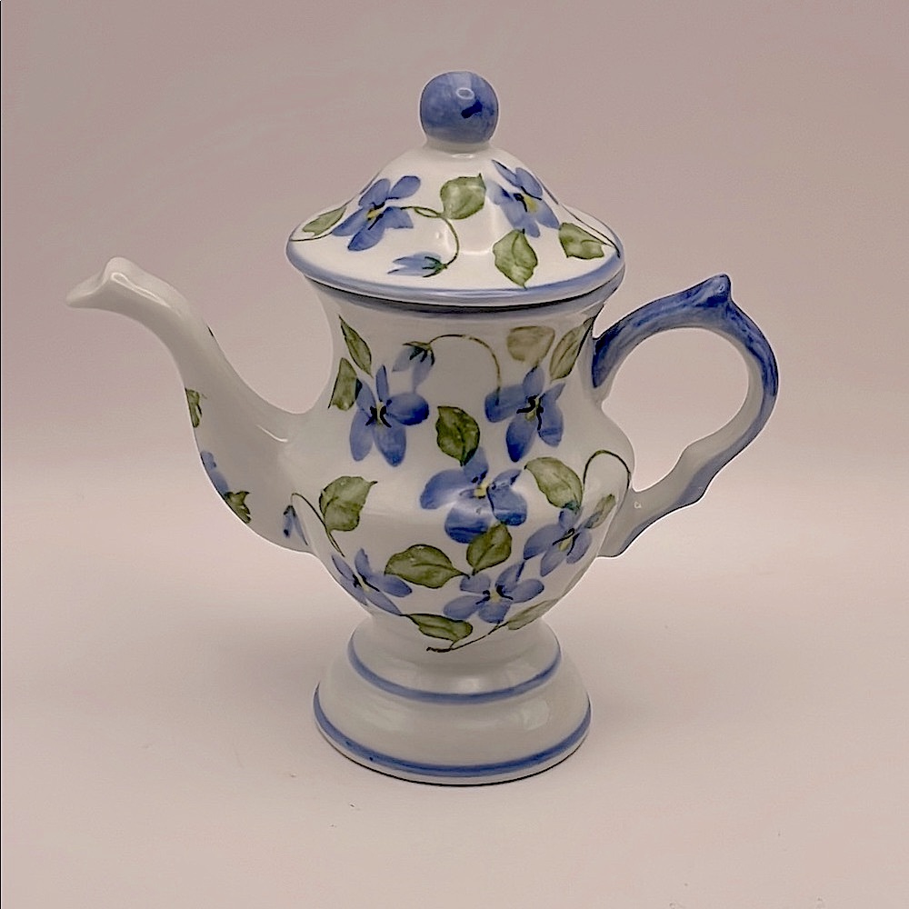 Andrea By Sadek, “Forget Me Not”, Tealight Holder, Ceramic Teapot, 5” Tall